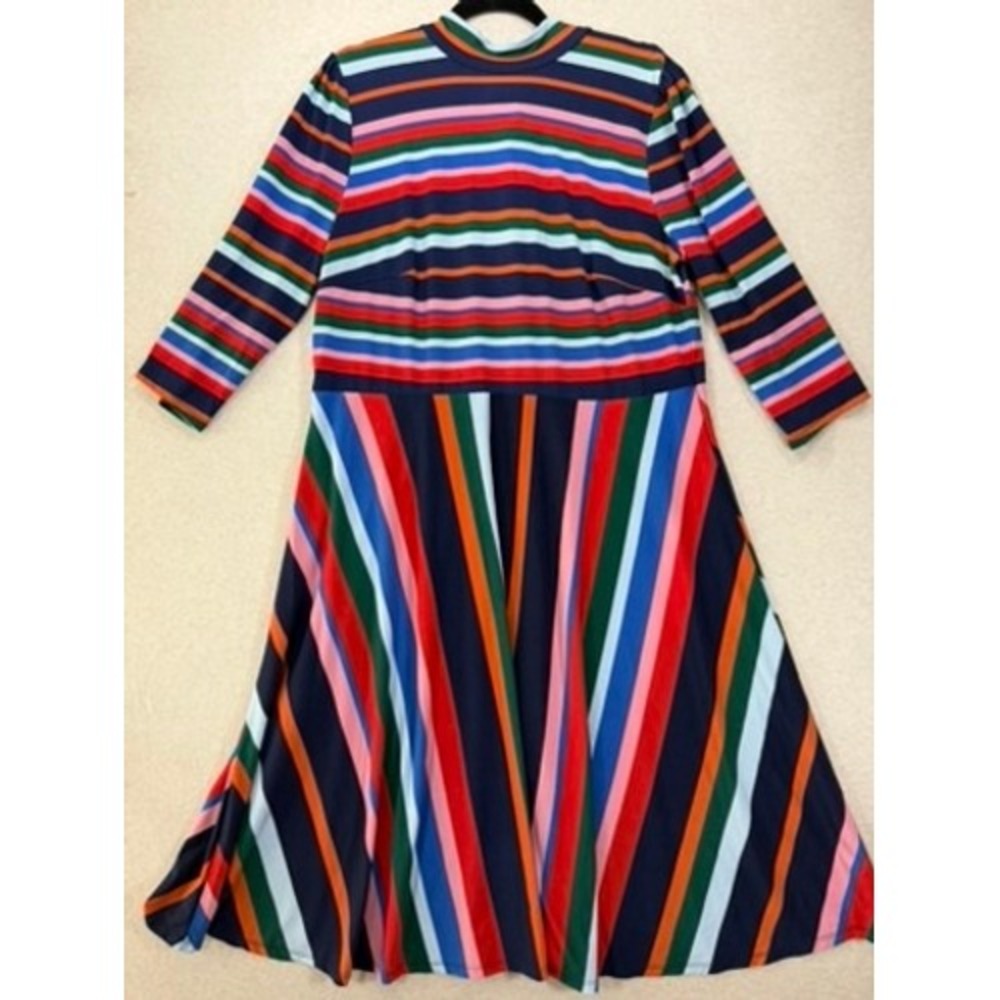 Eloquii Striped Midi Dress Womens 16 Multicolor Excellent Tie‎ Neck 3/4 Sleeve